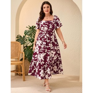 YESFASHION Women Plus Size Maxi Dress Floral Casual Dress Short Sleeve Long Dress Ruffle Pleated High Waist Square Neck Summer Dress - 1 of 4