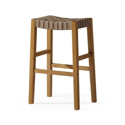 HomeRoots 31" Stone and Natural Faux Leather and Solid Wood Backless Bar Height Bar Chair