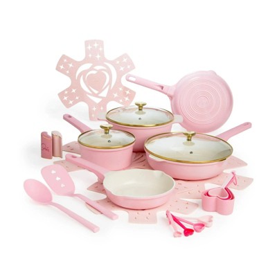 LunaLulink Pink 24 Piece Clean Ceramic Nonstick Cast Aluminum Cookware Set