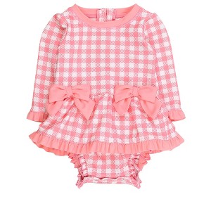 RuffleButts UPF50+ Baby Girls Long Sleeve One Piece Bow Peplum Rash Guard Swimsuit - 1 of 4