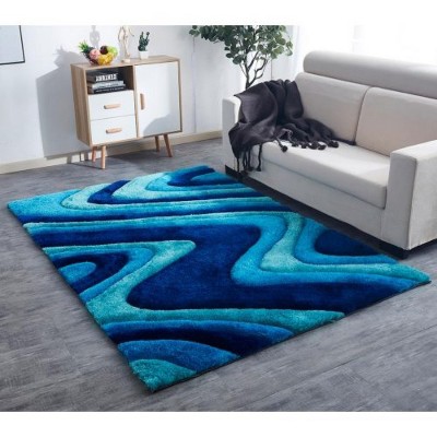 LunaLulinlk "3D Shaggy" Ocean Waves Blue Shag Area Rug Hand Tufted Area Rug