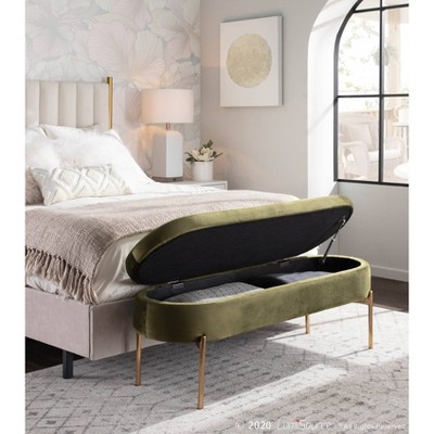 Chloe 48" Green Velvet Gold Metal Contemporary Storage Bench