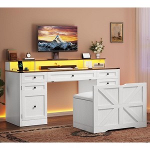Computer Desk Stool Set with 5 Drawers Office Desk with Power Outlets & LED Lights with Storage Cabinet & Monitor Stand - 1 of 4