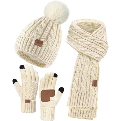 ZUPPAD Winter Hat Scarf Gloves Set for Women, 3 PCS Pom Pom Beanie Hat Touchscreen Glove Long Neck Kint Scarf Christmas Gifts