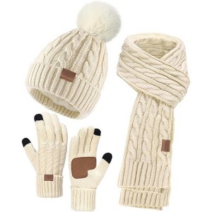 ZUPPAD Winter Hat Scarf Gloves Set for Women, 3 PCS Pom Pom Beanie Hat Touchscreen Glove Long Neck Kint Scarf Christmas Gifts - 1 of 4