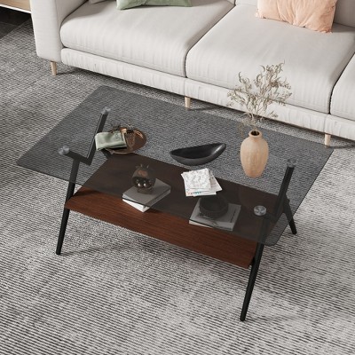 Rectangle Coffee Table, with Tempered Glass top, Metal Legs and MDF Shelf, Modern Table for Living Room