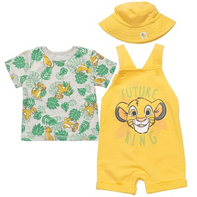 Disney Lion King Simba Pumbaa Timon Baby French Terry Short Overalls Graphic T-Shirt and Hat 3 Piece Outfit Set Newborn to Infant