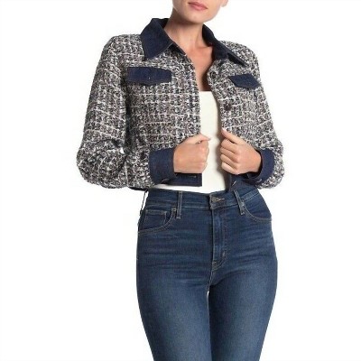 Women's Tweed Glitter Contrast Denim Crop Jacket - GRACIA
