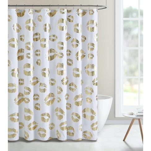 Kate Aurora Chic Metallic Gold Kissing, Mold Resistant Fabric Shower Curtain