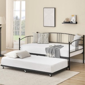 Twin Metal Daybed with Trundle - Pull-Out Bed Frame with 6 Casters, Steel Slats, No Box Spring Needed, Sofa Bed for Living Room, Bedroom, Black - 1 of 4