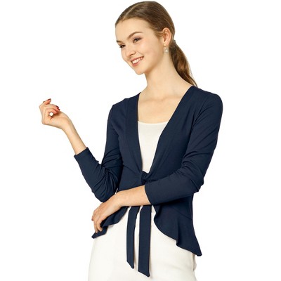 Allegra K Women's Tie Front Long Sleeve Ruffled Hem Crop Knit Cardigan