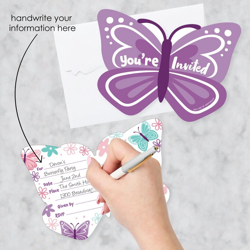 Big Dot of Happiness Beautiful Butterfly - Shaped Fill-In Invitations Floral Baby Shower or Birthday Party Invitation Cards with Envelopes - Set of 12, 2 of 8