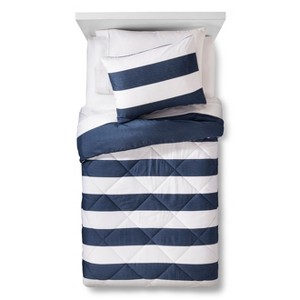 3pc Full/Queen Rugby Stripe Comforter Set Blue/White 3pc - Pillowfort