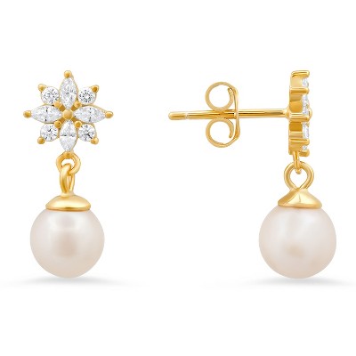 Sterling Silver Dangling Floral CZ & Pearl Stud Earrings