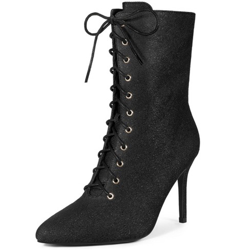 Perphy Women's Pointy Toe Side Zip Lace Up Stiletto Heels Ankle Boots ...