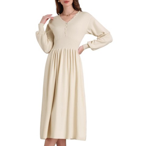 Женские платья INSPIRE CHIC Women's A-Line V Neck Long Sleeve Ribbed Knit Sweater Dress Beige Large