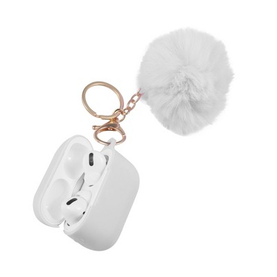 Insten Case Compatible with AirPods Pro - Cute Pom Pom Protective Silicone Skin Cover with Keychain & Anti-Lost Strap, White