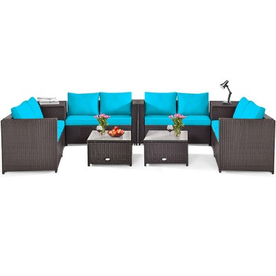Tangkula Outdoor Rattan Sectional Loveseat Couch Conversation Sofa Set with Storage Box &Coffee Table Red/Navy/Turquoise