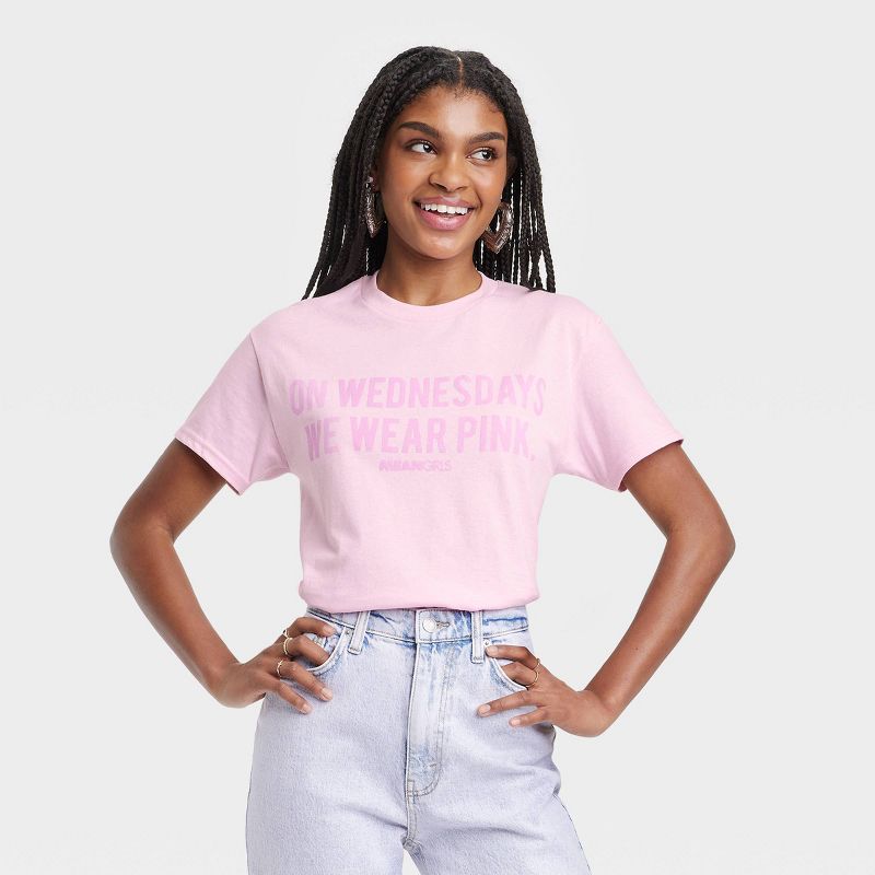 Women's Mean Girls On Wednesdays We Wear Pink Short Sleeve Graphic T-Shirt - Pink, 1 of 8