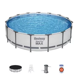 Bestway Steel Pro MAX 15 Foot x 42 Inch Round Metal Frame Above Ground Outdoor Swimming Pool Set with 1,000 Filter Pump, Ladder, and Cover