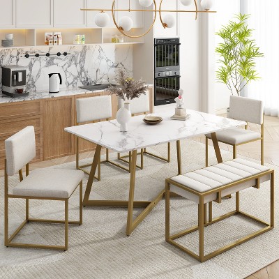 Modern Faux Marble 6-piece Dining Table Set, Metal Table With 4 ...
