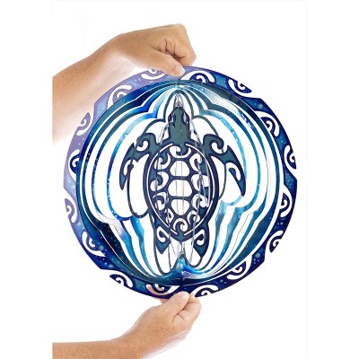 Tribal Turtle Blue and Silver Kinetic Metal Garden Wind Spinner