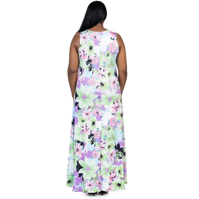 24seven Comfort Apparel Plus Size Pastel Floral Scoop Neck A Line Sleeveless Maxi Dress, 3 of 7