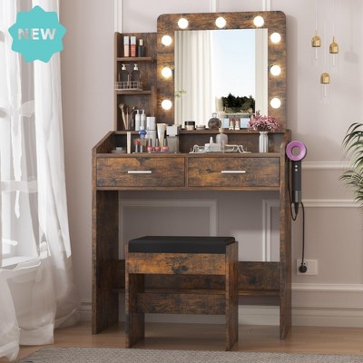 Jojoka Makeup Vanity Desk with Mirror and LED Lights, 9 Bulbs, Power Outlet, 2 Drawers, Shelves, Cushioned Stool, 3 Lighting Modes