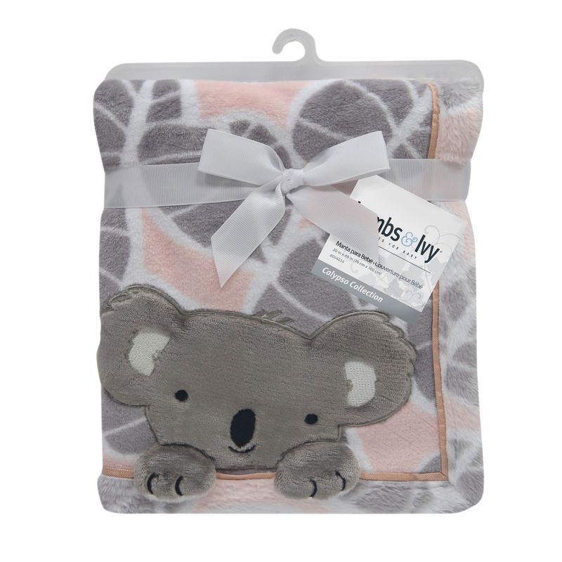 Lambs & Ivy Calypso Pink/Gray Koala Leaf Print Luxury Coral Fleece Baby Blanket, 2 of 5