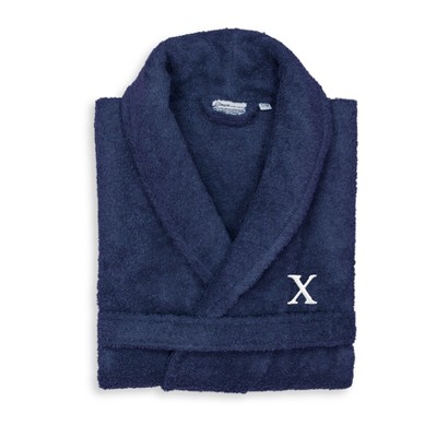 Linum Home Textiles 100% Turkish Cotton Adult Personalized Terry Bathrobe in White Bookman Font , Navy/White , Large/XLarge-X