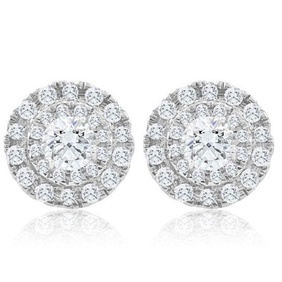 Pompeii3 1 3/4Ct TW Round Halo Diamond Studs Screw Back Earrings 10k White Gold