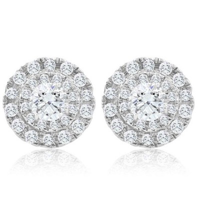 Pompeii3 1ct Diamond Double Halo Studs Screw Back Womens Earrings White Gold 10.2mm