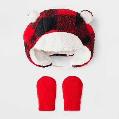 Image of Baby Boys' Checkered Hat and Glove Set - Cat & Jack™ Red 0-6M