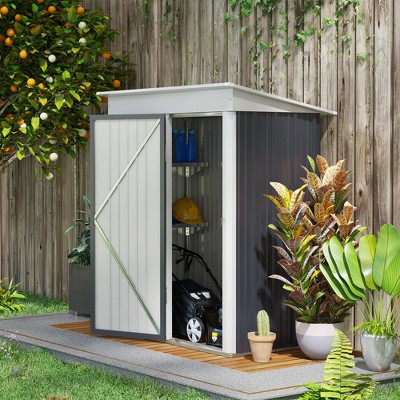 Dark Gray Metal Outdoor Storage Shed with Shelving