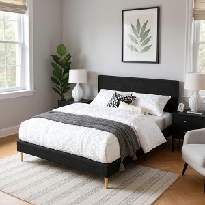 MAYEERTY Platform Bed Frame - Upholstered Padded Headboard, 12 Wood Slats & Center Support Leg - 1 of 4