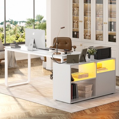Aheaplus 62" L Shaped Computer Desk with File Drawer, LED Lights