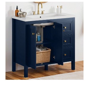 36 Inch Bathroom Vanity with Ceramic Sink Bathroom Storage Cabinet with 2 Doors & 3 Drawers & Doors Blue - 1 of 4