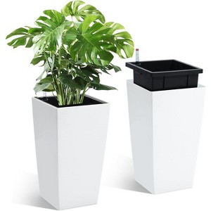 22" Tall Planter Set of 2, Black Indoor/Outdoor Pots with Drainage, Water Level Monitor, Inner Bucket, and Auto Watering, White - 1 of 4