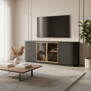 Homy Casa 64" Modern TV Stand with Fluted Doors & Glass Center Cabinet, Black - 1 of 4