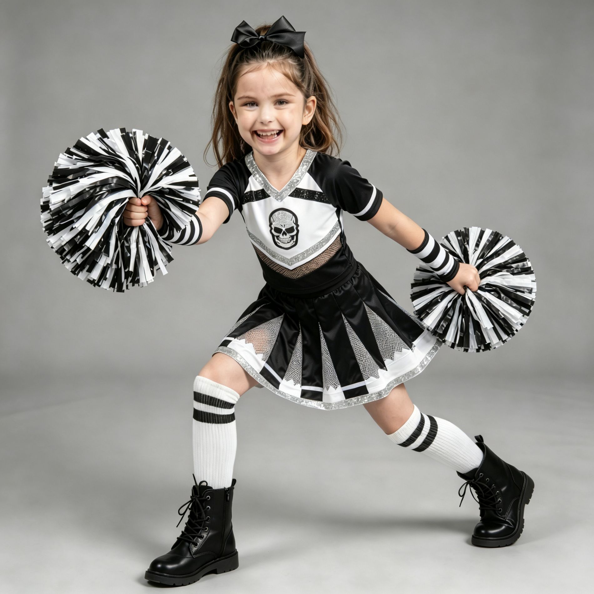 Joyfy Girls Halloween Cheerleader Costume Set, Skull Spirit Uniform with Pom Poms and Accessories, Black and White Dress-Up Outfit