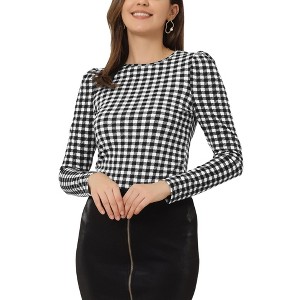 Allegra K Women's Round Neck Long Puff Sleeves Knit Plaid Top - 1 of 4