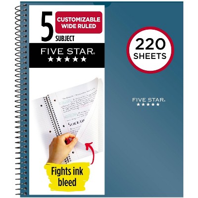Five Star 220 Sheets 5 Subject Wide Ruled Customizable Notebook Feature Rich Teal: Spiral, 3 Hole Punched, Pockets