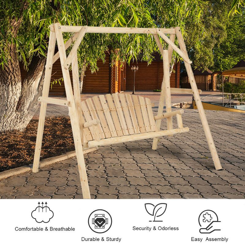 Costway A-Frame Wooden Porch Swing Outdoor garden rural Torched Log Curved Back Bench, 4 of 8