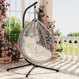 Modern Hanging Basket Egg Chair with Stand, Indoor & Outdoor Wicker Swing Chair with Soft Cushion & Headrest - ModernLuxe - 1 of 4