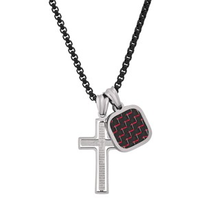 Steeltime Men's two tone black ip and stainless steel spinning Lords prayer cross and square dog tag pendant. Color Options: Red, Blue, Green, Brown - 1 of 4
