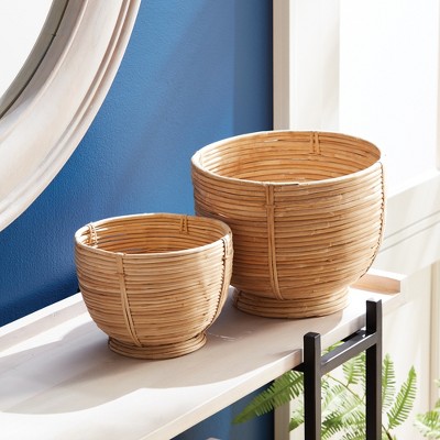 Mod Cane Rattan Light Finish Footed Decor Bowls, Set of 2