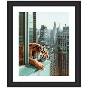Kate and Laurel Framed Art Urban Tiger Overlooking Manhattan by Michael Schauer, 23x27, Oliver Black Narrow - 1 of 4
