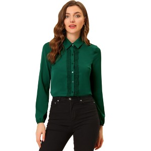 Allegra K Women's Office Solid Turn Down Collar Lace Trim Long Sleeve Button Down Shirt - 1 of 4
