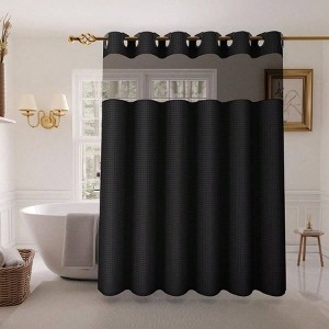No Hook Shower Curtain Waffle Weave Fabric Liner 230GSM Weighted Hem Waterproof Washable Black Bathroom Spa 72x72 Inch - 1 of 4