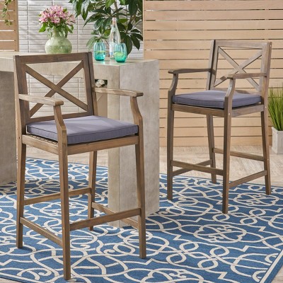 Coolbibila Outdoor Wood Height Bar stools Set of 2,Patio Waterproof Fabric Upholstered Armrest Bar Stool,Garden X-Back Bar Stool with Arms